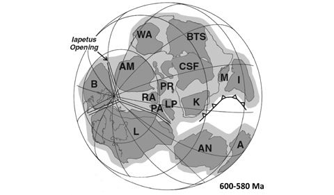 Illustration of Figure 2 that shows one reconstruction of Pannotia as it existed 580 to 600 million years ago. Major continental components: A=Australia, AM=Amazonia (South America), AN=Antarctica, B=Baltica (Europe), BTS and CSF=portions of South America and North Africa, I=India, K=Kalahari (South Africa), L=Laurentia (North America), M=Madagascar, WA=West Africa. Siberia is not shown.