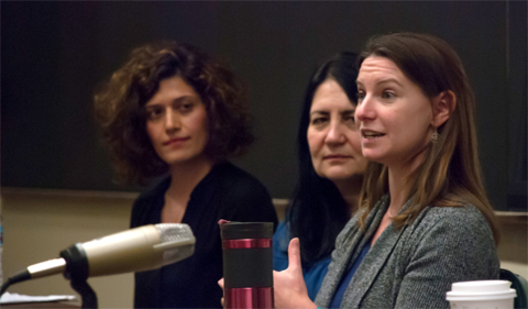Dr. Sarah Hormozi and Dr. Tatiana Savin listen as Dr. Alycia Stigall describes what is was like to lead a field expedition in China with international researchers.