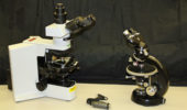 Three of Dr. Stender’s microscopes (from left to right): An Olympus polarized light microscope donated by the Fire Marshal’s Office, a handheld microscope with a built-in camera, and a Zeiss microscope found in storage.