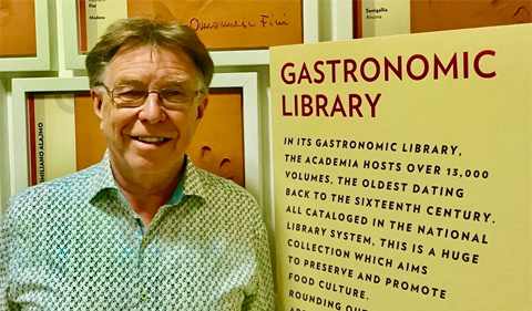 Dr. David Bell at Academia Barilla, shown here in from of Gastronomic Library sign