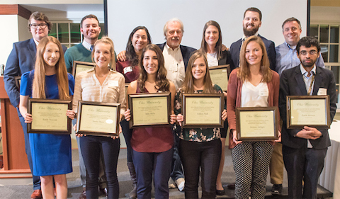 Group photo ot the faculty and student recipients of the 2018 John J. Kopchick Awards were honored at a ceremony Nov. 10 in Nelson Commons. 
