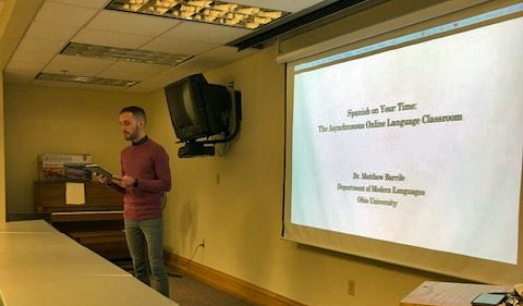 Dr. Matthew Barrile delivering his colloquium talk “Spanish on Your Time: The Asynchronous Online Language Classroom.”