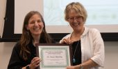 Elaine Goetz (left) presents Lifetime Sustainability Achievement Award to Nancy Manring. Photo courtesy of: Sustainability Awards