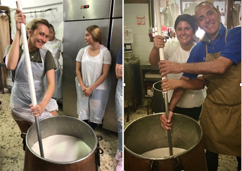Peyton Cantrell and Lindsay Stanton stirring cheese with Fabio's guidance