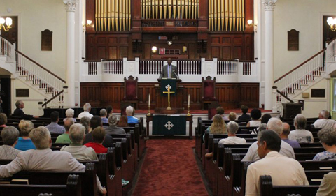 Director Jack Marchbanks recognizes the Northwest Ordinance of 1787's human rights' significance to the nation while speaking in the First Congregational Church in Marietta, Ohio