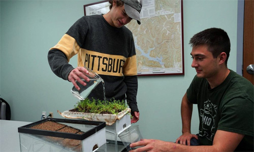 Johnny Murray and John Corcella with models they built to demonstrate how water runoff is slowed on a green roof, reducing flooding. Photo by Jack Hall.