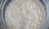 Stock photo of fresh homemade bubbly sourdough starter in a glass jar. , a fermented mixture of water and flour to use as leaven for bread baking.