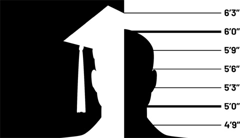 Graphic juxtaposing police mug shot and graduation cap, in black and white