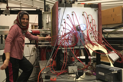 PhD student Gula Hamad tests the new HeBGB neutron detector at the Edwards Accelerator Laboratory.