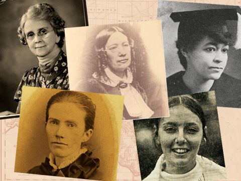 Five historic photos of women overlaid on map of SE Ohio