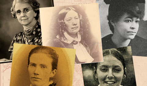 5 historical photos of women on map overlay
