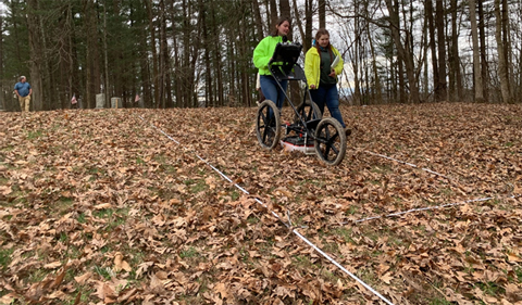 OHIO students Emma Kinsinger and Cassady Wallace collect ground-penetrating radar data at Payne’s Crossing Cemetery