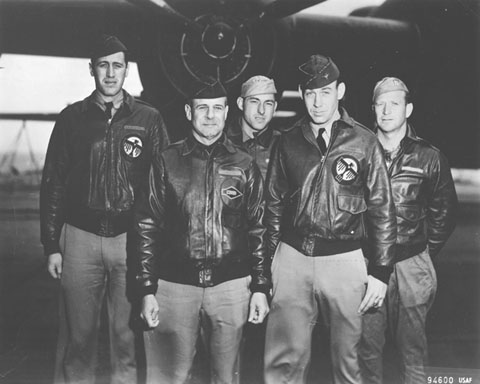 Left to right: Lt. Henry A. Potter, navigator; Lt. Col. James H. Doolittle, pilot; Staff Sgt. Fred A. Braemer, bombardier; Lt. Richard E. Cole, co-pilot; and Staff Sgt. Paul J. Leonard, engineer-gunner. With Dick Cole as his co-pilot, Jimmy Doolittle commanded the bomber mission to Japan on April 18, 1942. The Doolittle Raid provided the first major good news for Americans during the early days of World War II. Courtesy United States Air Force.