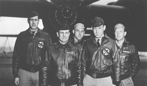 Left to right: Lt. Henry A. Potter, navigator; Lt. Col. James H. Doolittle, pilot; Staff Sgt. Fred A. Braemer, bombardier; Lt. Richard E. Cole, co-pilot; and Staff Sgt. Paul J. Leonard, engineer-gunner. With Dick Cole as his co-pilot, Jimmy Doolittle commanded the bomber mission to Japan on April 18, 1942. Photo courtesy United States Air Force.
