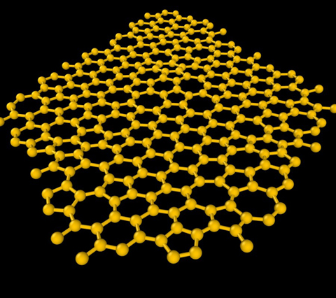 One of the planes in 1000-atom model of amorphous graphite. Yellow spheres are carbon atoms. Note the “ring disorder”: co-existing pentagons, hexagons and heptagons.