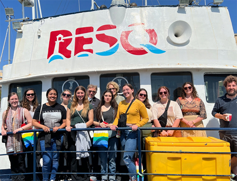 Aboard the RESQ, from left, Liza Gildermeister, Consuelo Cannuscio (On-site Coordinator), Ciara Miller, Lauren Hayes, Sydnie Kilgour, Dr. David Bell, Maya Roth-Wadsworth, Dr. Theresa Moran, Emily Jones, Faith Laughlin, Emily McCarty, Jackie Augustine, and a RESQ volunteer crew member.